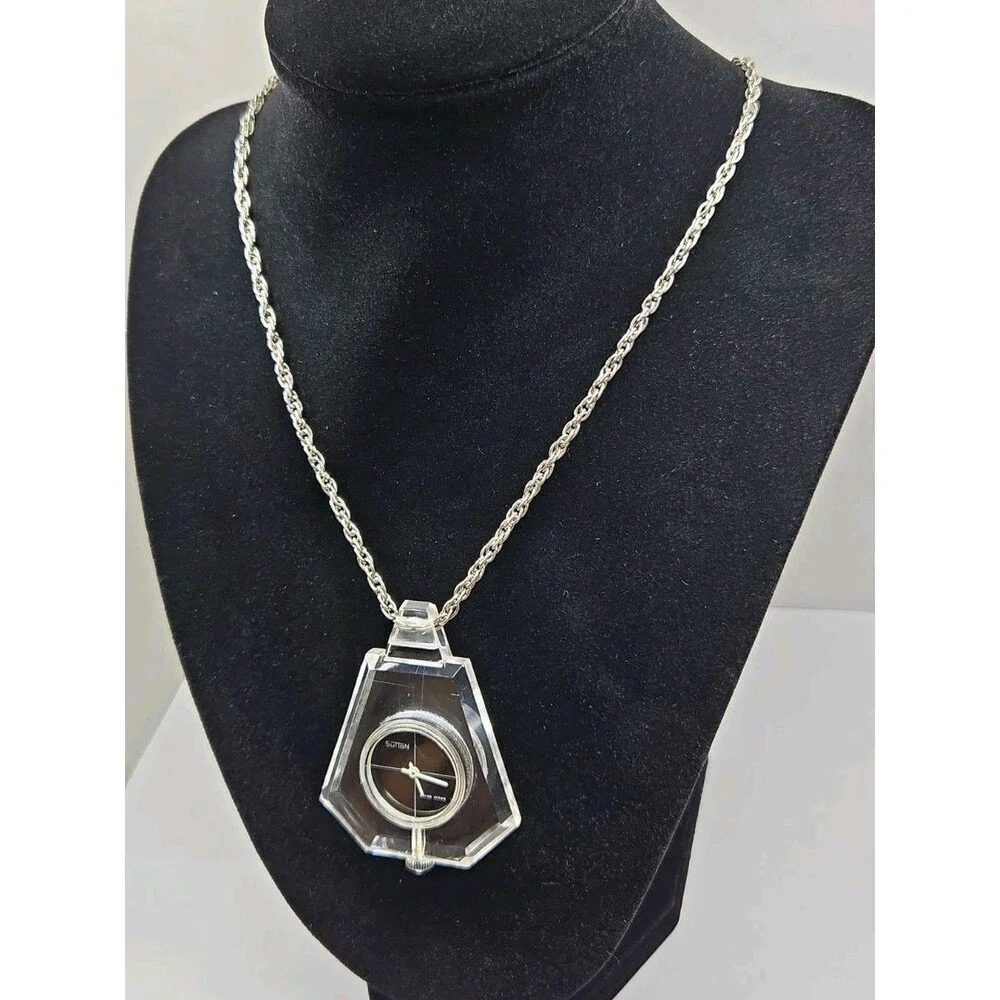 Vintage Sutton Swiss Manual Wind Lucite Plexiglass Pendant Watch MCM 1 Jewel 70s